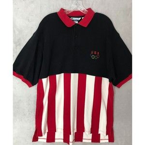 Vintage 90s Champion Men's Polo Shirt USA Olympic Embroidered Logo‎ Striped XL